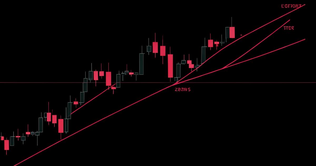 Technical analysis candlestick chart with trendlines and support zones